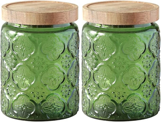 Glass Jar with Lid, Vintage Glass Storage Jars with Airtight Lid Coffee Canister Sugar Container for Kitchen Counter Pantry, Flour, Candy, Tea, Coffee Beans, Oats (Begonia Green*2)
