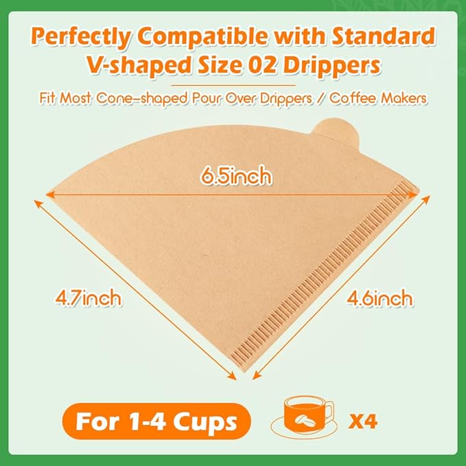 BYKITCHEN 400PCS Cone Coffee Filters 02, Disposable Natural Unbleached Pour Over Paper Coffee Filter Cone Shaped #2, Compatible with Pour Over Dripper & Drip Coffee Maker Filter Basket(1–4 Cup)