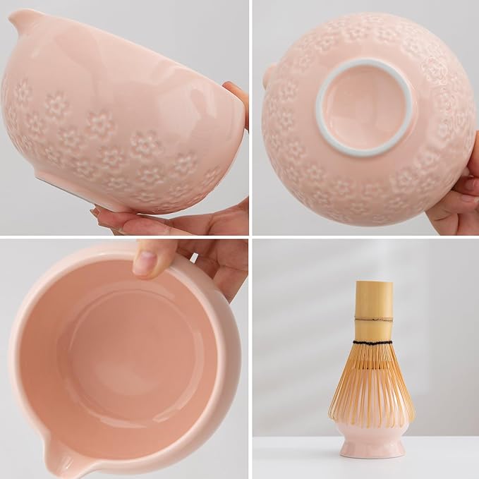 Matcha whisk set, pink matcha bowl set, includes bowl with spout, bamboo whisk, spoon, ceramic stand, stainless steel sieve, towel. Perfect matcha starter set (pink)