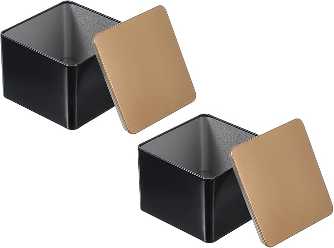 PATIKIL Metal Tea and Tin Set 3.35"x3.35"x2.56", 2 Pcs Metal Storage Airtight Storage Square Container with Lid for Loose Tea Coffee Candy Treats Gifts Spice DIY, Black-Gold