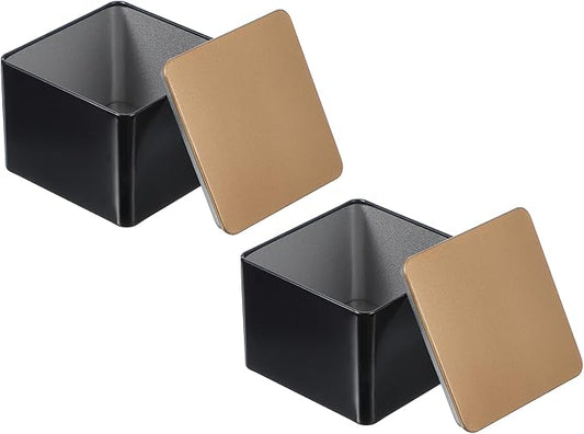 PATIKIL Metal Tea and Tin Set 3.35"x3.35"x2.56", 2 Pcs Metal Storage Airtight Storage Square Container with Lid for Loose Tea Coffee Candy Treats Gifts Spice DIY, Black-Gold