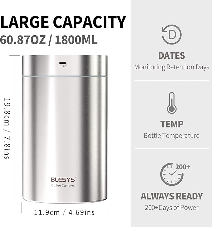 Smart Vacuum Coffee Canister, Automatic Stainless Steel Food Storage Container, LCD Monitoring, One-touch Freshness, Date Tracker, Extra-long Standby Time, Holds 20 oz Coffee Beans (Silver, 1.8L)