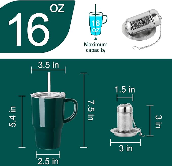 Sweejar Ceramic Tea Cup with Lid, 16 OZ Portable Coffee Mug, Dishwasher Safe Travel Mug with Infuser, Reusable Teacup for Car Cup Holder, Tea Lovers(Jade)