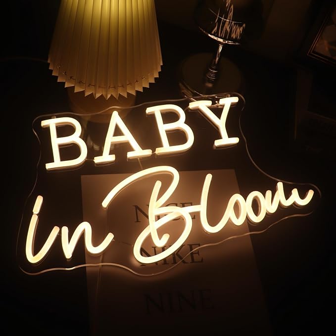 Baby In Bloom Neon Signs Led Gender Reveal Party Boy/Girl Decorations Neon Letters Signs Pregnancy Announcement Party Supplies Baby Shower Yard Signs(warm white) by Nordstylee