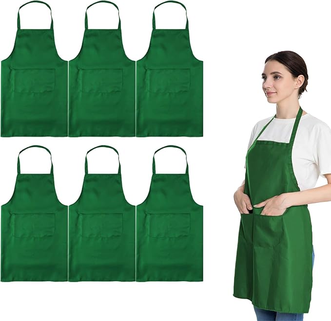 Total 6PCS Green Plain Color Bib Apron for Adult Women Unisex Durable Comfortable with 2 Front Pockets Washable Aprons for Chef Cooking Baking Kitchen Restaurant Crafting by LOYHUANG