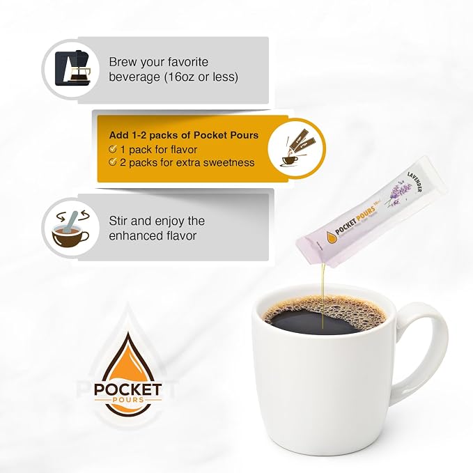 Pocket Pours Lavender Coffee Syrup - 30 Single-Serve Packets, Dairy-Free Liquid Flavoring for Coffee, Lattes & Cold Brew, Made in USA - Image 4