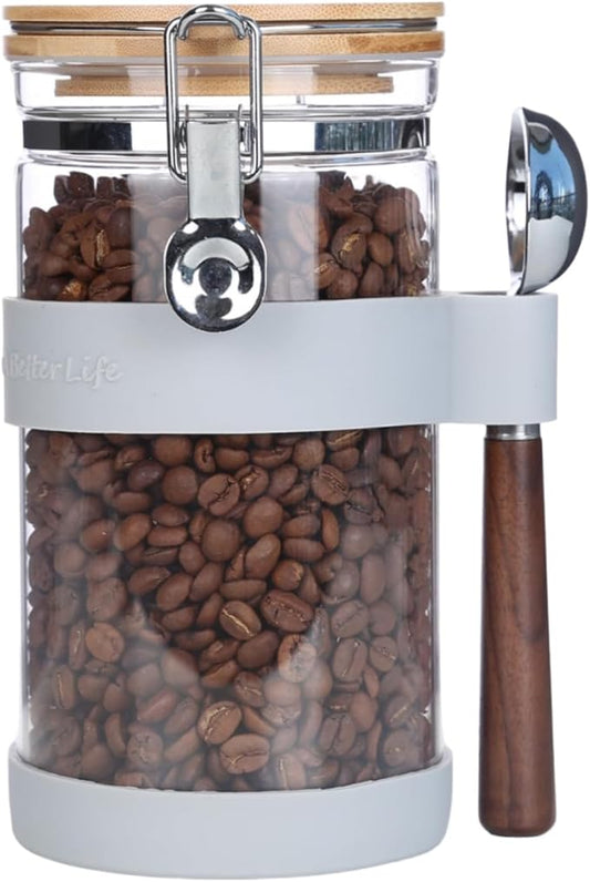 Airtight Clear Glass Coffee Bean Storage Container with Scoop,40oz (1200ML) Glass Jar Canister with Bamboo Clamp Lid for Whole Bean, Ground & Espresso - Perfect Jar for Kitchen Countertop & Coffee Bar