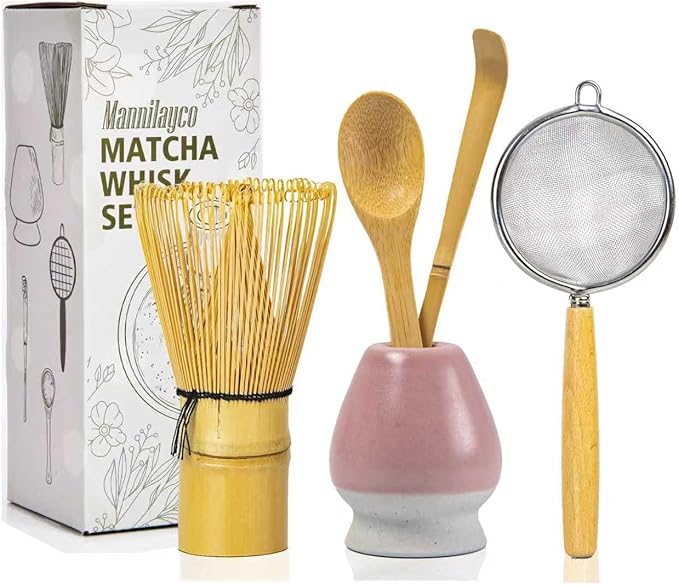 Matcha Whisk Set 5pcs – Bamboo Chasen with Holder, Chashaku Scoop, Spoon, Fine Mesh Sifter – Traditional Japanese Tea Tools for Tea Ceremony, Matcha Making Kit for Tea Lovers（Pink)