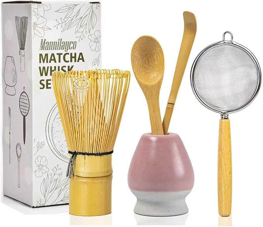Matcha Whisk Set 5pcs – Bamboo Chasen with Holder, Chashaku Scoop, Spoon, Fine Mesh Sifter – Traditional Japanese Tea Tools for Tea Ceremony, Matcha Making Kit for Tea Lovers（Pink)