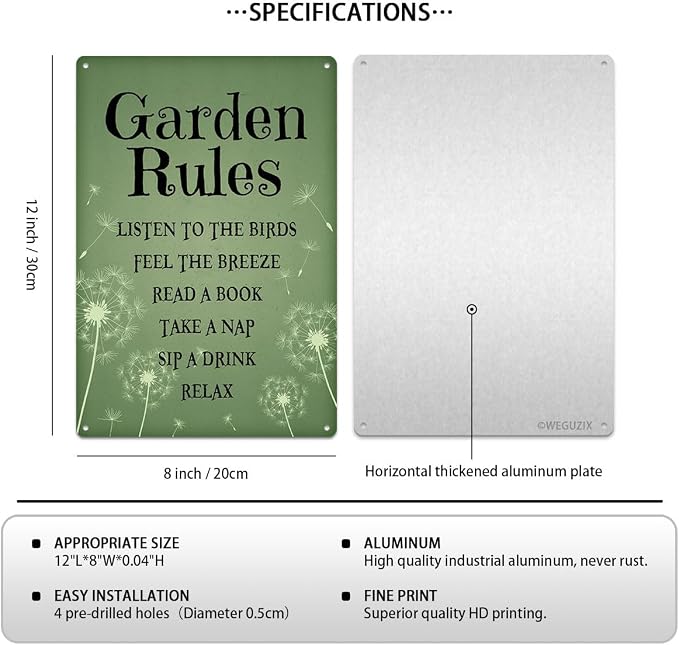Garden Rules Sign Art Print Poster Wall Decor Retro Green Vintage Garden Metal Signs Outdoor Home Bar Kitchen Cafe Farmhouse 12x8 Inch Aluminium Hanging Plaque - Image 2