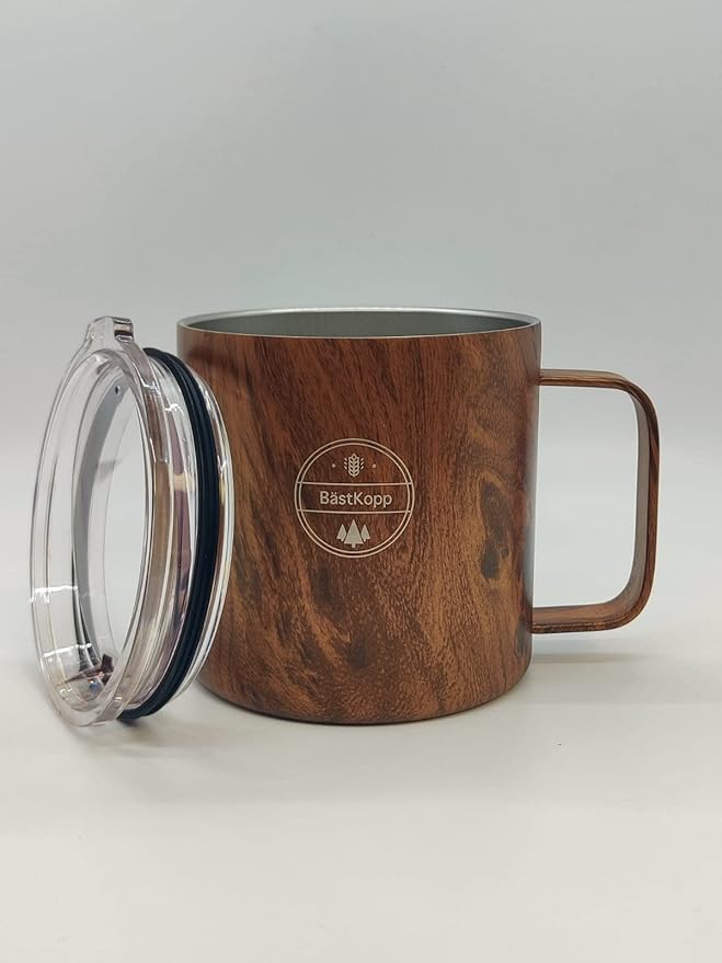 14 OZ Vacuum Insulated Double Wall 18/8 Stainless Steel Coffee Cup Tumbler, Mug, Beautiful Wood Design, With Durable Lid