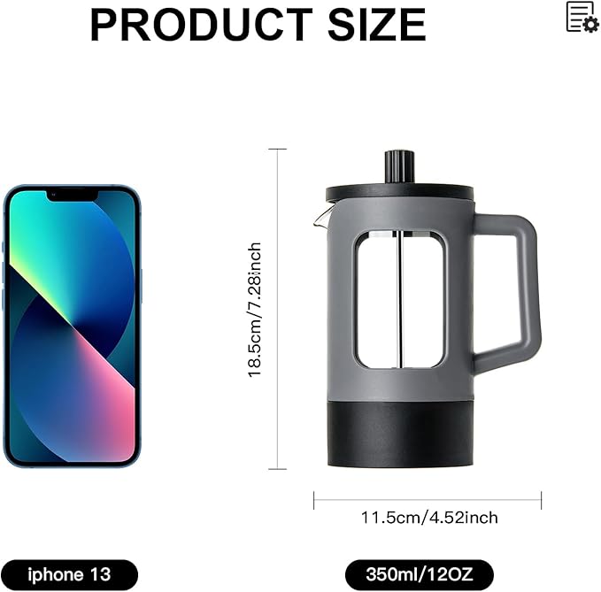 YOLIFE French Press Coffee Maker (12 oz), Camping Mini Coffee Press, Single Cup French Press, Heat-resistant Borosilicate Glass, Portable for Travel, Grey and Black
