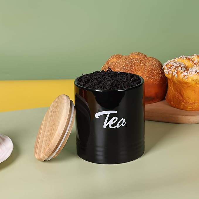 LEETOYI Porcelain Food Storage Containers with Lid, 4.5 Inch 31oz, Black Labeled Tea