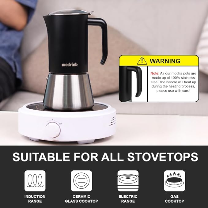 wedrink Premium 304 Stainless Steel Moka Pot, 6 Cup Stovetop Espresso Maker, Induction & All Stovetops Compatible