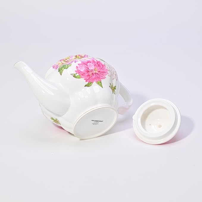 Bone China Teapot, English Teaset, Dahlia Floral Design with Golden Rim, 37 Oz