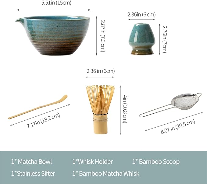 Traditional Matcha Tea Ceremony Set with Ceramic Bowl, Bamboo Whisk, Stand and Strainer, 5-Piece (blue)