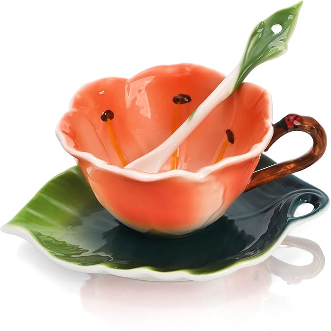 Flower Tea Cup and Saucer, 6 Oz Ceramic Coffee Mug with Spoon, 3D Handmade Vintage Drinking Cups, 3 Pieces Orange Teaware Mug for Women, Mother's Day Birthday Gift Party (Floral and Leaf)