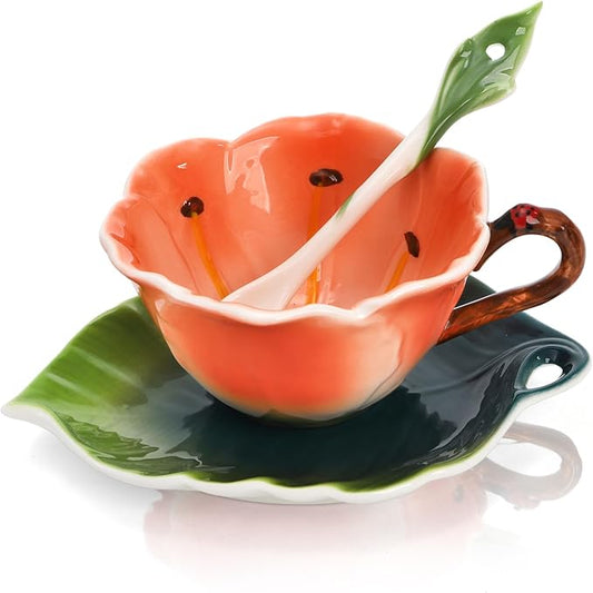 Flower Tea Cup and Saucer, 6 Oz Ceramic Coffee Mug with Spoon, 3D Handmade Vintage Drinking Cups, 3 Pieces Orange Teaware Mug for Women, Mother's Day Birthday Gift Party (Floral and Leaf)