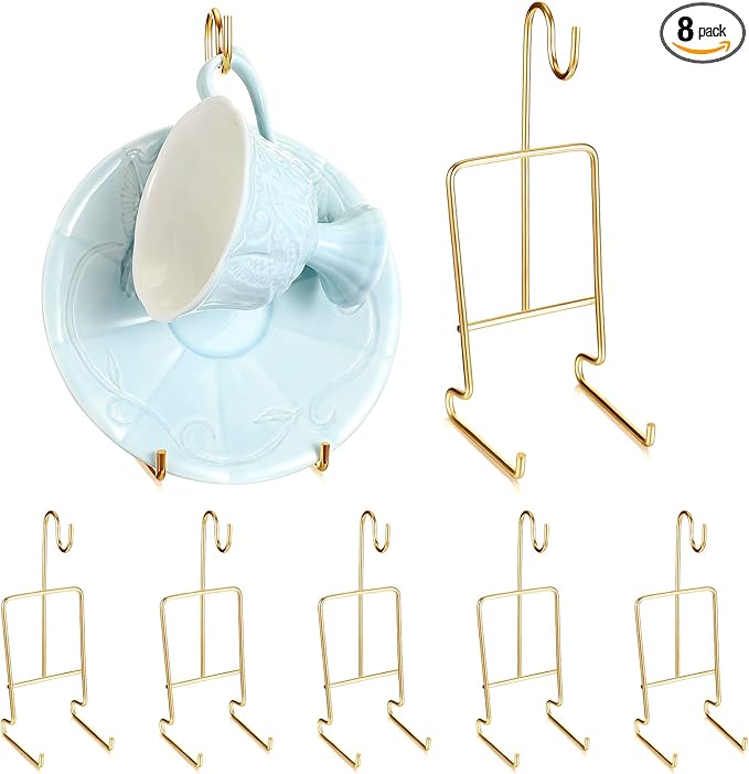 8 Pieces Tea Cup and Saucer Display Stand Holder Metal Cup Saucer Holder Pack Tea Coffee Mug Organizer for Kitchen Plate 6.22 x 2.44 Inches(Gold)