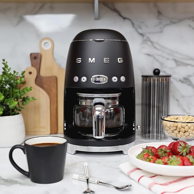 Smeg 50's Retro Style Aesthetic Drip Coffee Machine with 10 Cup Glass Carafe, Auto Start Feature, Keep Warm Plate, and Two Coffee Strength Settings (Matte Black)