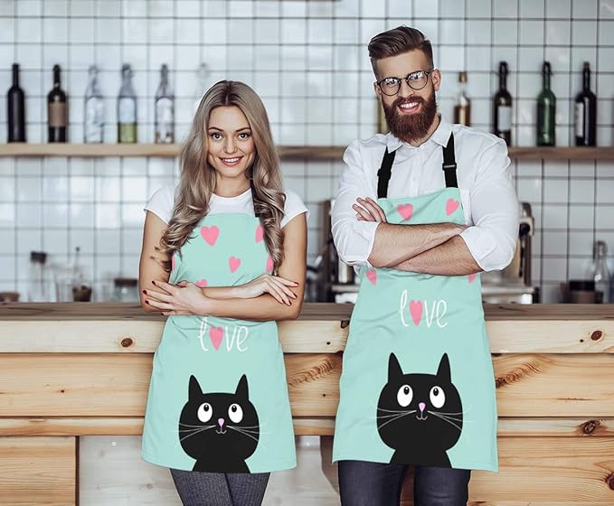 WONDERTIFY Black Cat Apron,Pink Hearts and Cute Cartoon Cat Blue Background Bib Apron with Adjustable Neck for Men Women,Suitable for Home Kitchen Cooking Waitress Chef Grill Bistro Baking BBQ Apron