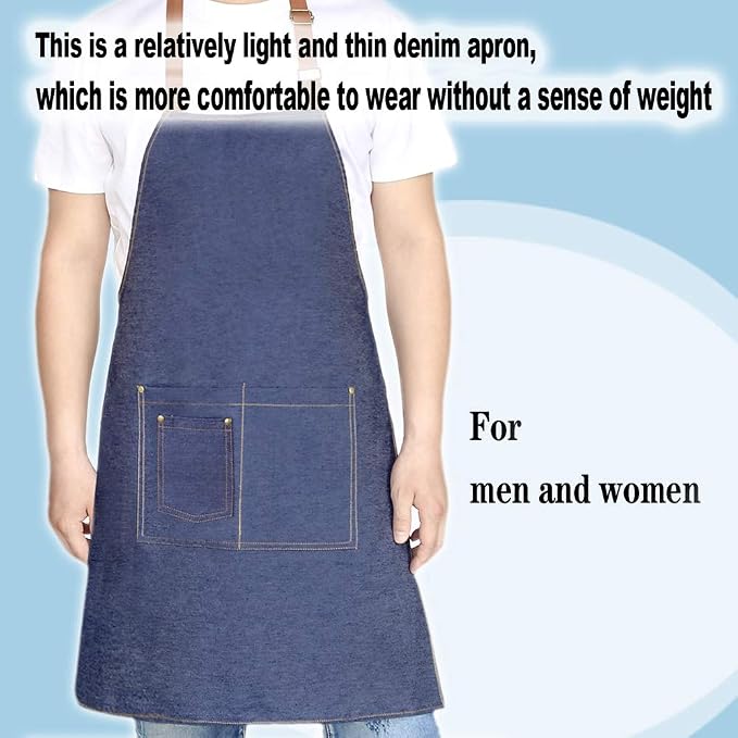 Aprons for Men, Denim Cooking Kitchen Aprons | Adjustable Bib Aprons with multiple pockets for Men and Women - Image 2