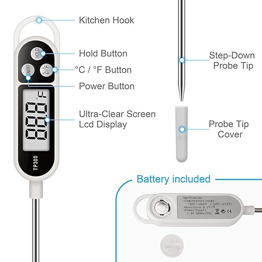 1/3pcs Candy Thermometer Digital Instant Read for Meat Kitchen Cooking Food Oil Deep Fry BBQ Grill Smoker (1, 14.4in-White)