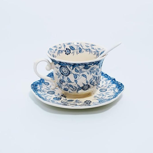 Bone China Tea Cup and Saucer Set with Spoon，Elegant Floral Tea Cup Set (7 oz)，British Coffee Latte Mug for Birthday Party Christmas gift for Friends