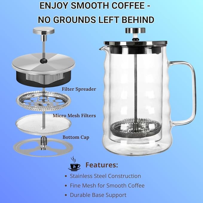 Glass French Press Coffee Maker, Double-Wall Borosilicate Glass Coffee Press with Stainless Steel Mesh Filter, Manual Coffee Brewer & Tea Press, Wavy-Design French Press 22oz (Serves 4–5 Cups)