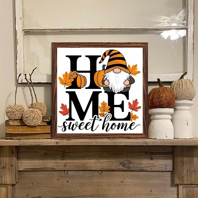Rustic Home Sweet Home Wooden Sign, With Frame Farmhouse Fall Gnome Plaque Sign for Home Kitchen, Cafe, Bar, Garage Halloween Decor, Harvest Festival Decor 7.87x7.87 Inch - Image 6