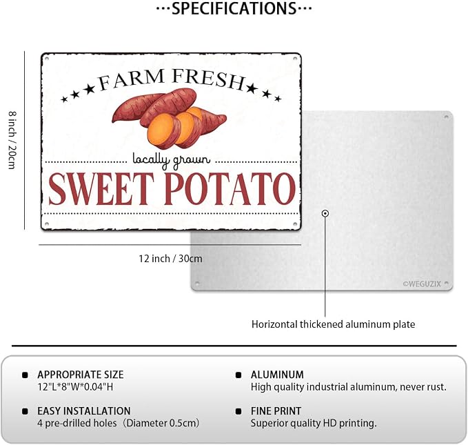 Vintage Sweet Potato Metal Signs Wall Decor Funny Vegetables Art Poster Decorative for Home Farmhouse Kitchen Garden Cafe Bar Farm Porch Fence Yard 12X8 Inch Aluminium Hanging Plaque - Image 2