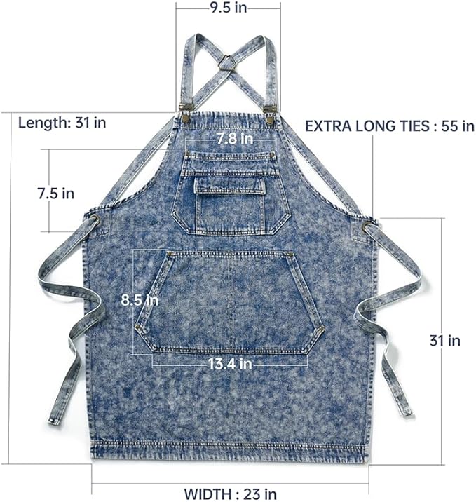 Denim Apron with Pockets for Hair Stylist Gardening Craftsmen Barista Women Hairdresser Jean Work Apron Cross Straps