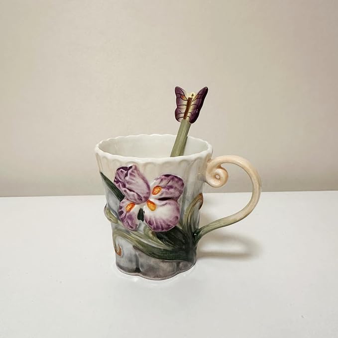 Ceramic Tea Cup and Saucer Set ，6OZ 3D Hand-painted Hummingbird and Flower Coffee Mug，Gift for Women