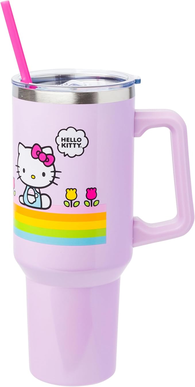 Silver Buffalo Sanrio Hello Kitty Spring and Summer Flowers Rainbow Stripes Double Walled Stainless Steel Tumbler with Handle and Straw, Fits in Standard Cup Holder, 40 Ounces