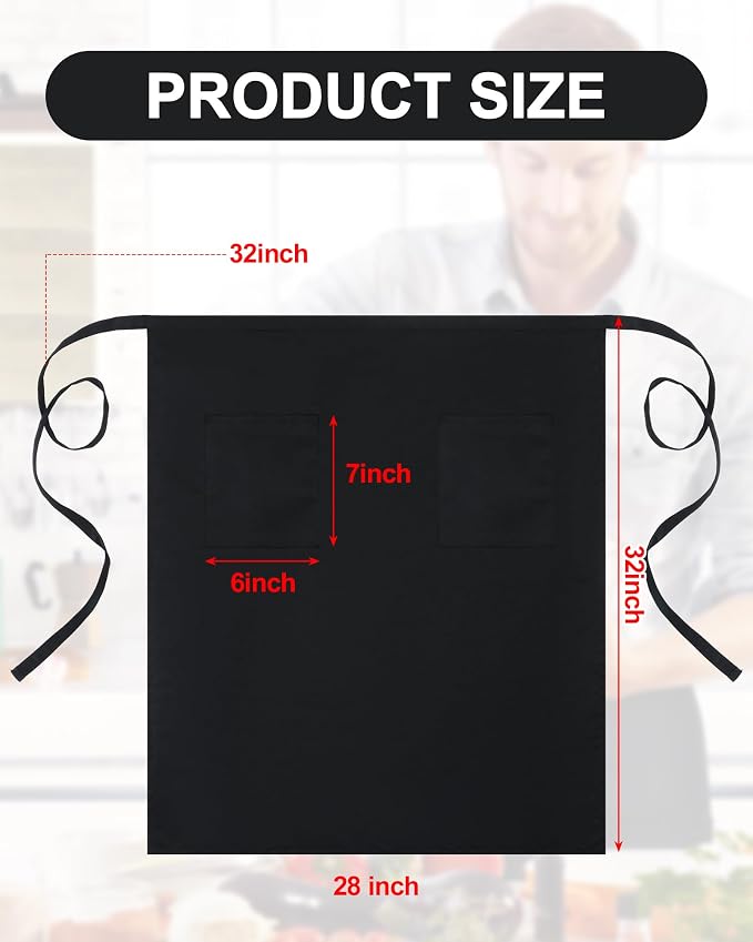 Xtinmee 4 Pcs Bistro Aprons 2 Pockets 32" Waterproof Half Waist Black | Server Aprons with 2 Pockets Unisex, Long Waist Ties, for Halloween Party Chef Waiter Bartender Cooking Restaurant Cafes - Image 6