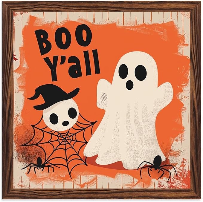 Vintage Halloween Cute Ghosts Boo Y'all Wooden Sign 7.87x7.87 Inch, Halloween Wall Art Wooden Sign For Bathroom, Cafe, Bar, Office Hanging Decor by Nwijvsn