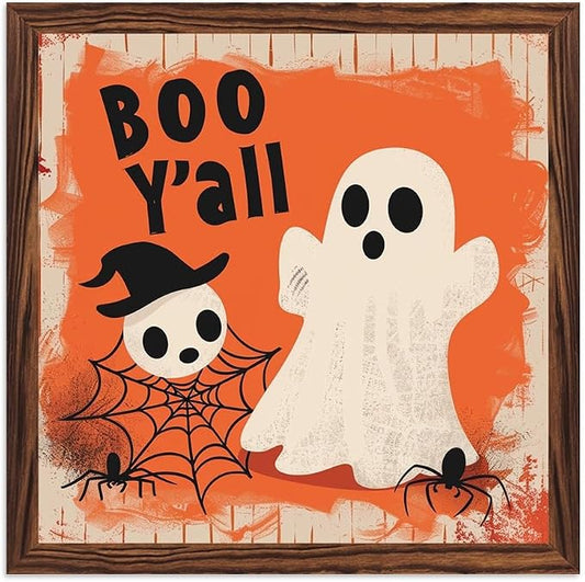 Vintage Halloween Cute Ghosts Boo Y'all Wooden Sign 7.87x7.87 Inch, Halloween Wall Art Wooden Sign For Bathroom, Cafe, Bar, Office Hanging Decor by Nwijvsn