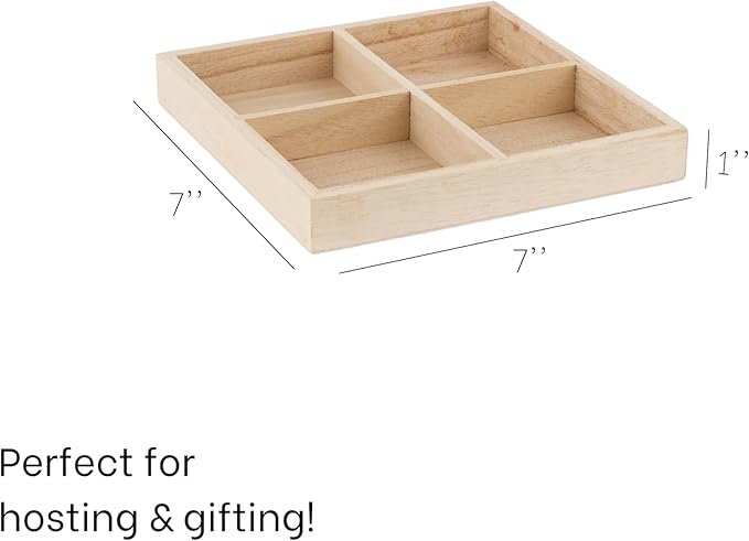 Wooden Candy Platters - Set of 2, 7"x7" Bamboo Square Serving Trays for Parties, Events, and Home Decor - 4 Compartment Candy and Snack Organizer (2 Pack)