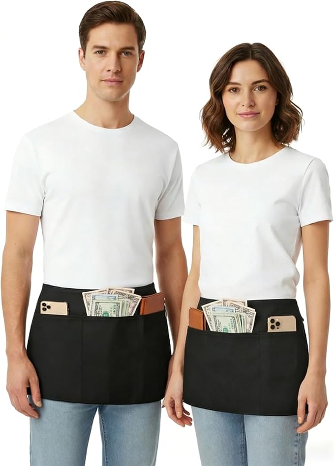 BOHARERS Waist Apron with 3 Pockets 20 Pack - Black Waitress Server Short Apron