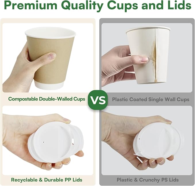 To Go Coffee Cups with Lids 16 oz Paper Cups,50 Pack Insulated Compostable Hot Cups with Lids, BPI Certified Natural Kraft Double Wall Disposable Coffee Cups for Everyday Togo Office Coffee Bar Supply