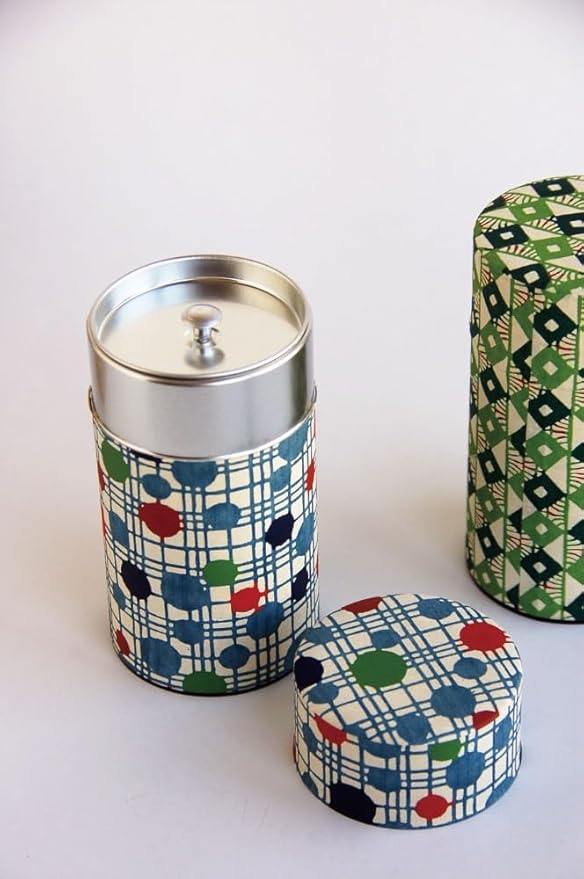 Japanese Pokkan Matcha Coffee Spice Tea Tin Canister Washi Paper Storage with Lid 7.05 oz Capacity (Mizutama Goushi)