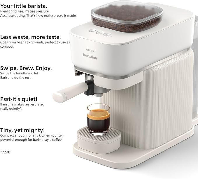 Philips Baristina Espresso Machine+Milk Frother Bundle. Real espresso. Compact coffee machine,portafilter, grinder, Cafe Crema. Dairy & Non-Dairy Milk foam. Hot & Cold. Easy Clean. White (BAR303/00)