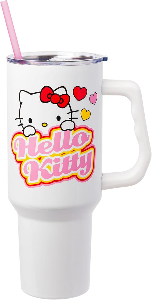 Silver Buffalo Sanrio Hello Kitty Name and Hearts Double Walled Stainless Steel Tumbler with Handle and Straw, Fits in Standard Cup Holder, 40 Ounces