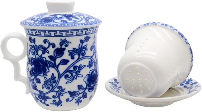 Porcelain Tea Cup with Infuser Lid and Saucer Sets - Chinese Jingdezhen Ceramics Coffee Mug Teacup Loose Leaf Tea Brewing System for Home Office