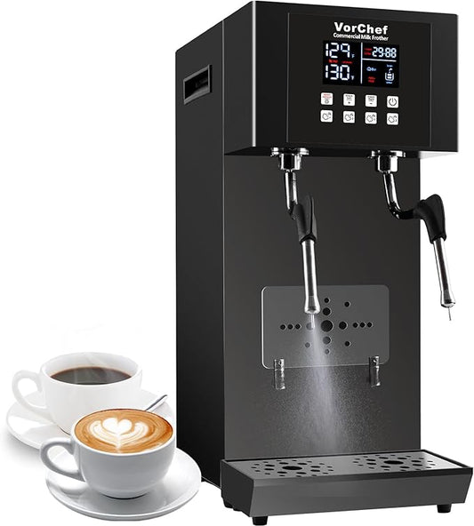 Commercial Milk Frother, 2-Wand Automatic Steam Boiling Water Machine 110V 2200W Electric Steam Milk Frothing Machine Coffee Milk Foam Machine Steamer with LED Display for Tea Coffee Shop