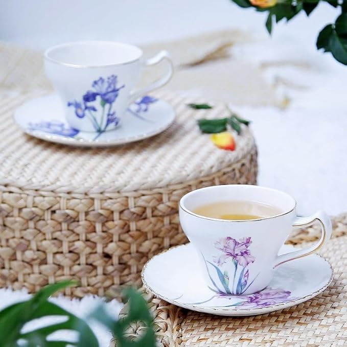 Bone China Tea Cup Set with Saucer Spoon - 3 Piece Set (7oz) Cappuccino & Latte Cups, Porcelain British Style, Mother's Day Gift (Pink Iris)