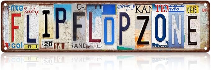 Vintage License Plate FLIP FLOP ZONE Sign – 16x4 Inch Rustic Tin Wall Décor for Beach House, Poolside, Patio, Coastal Cottage or Summer Bar by SARAHEVE