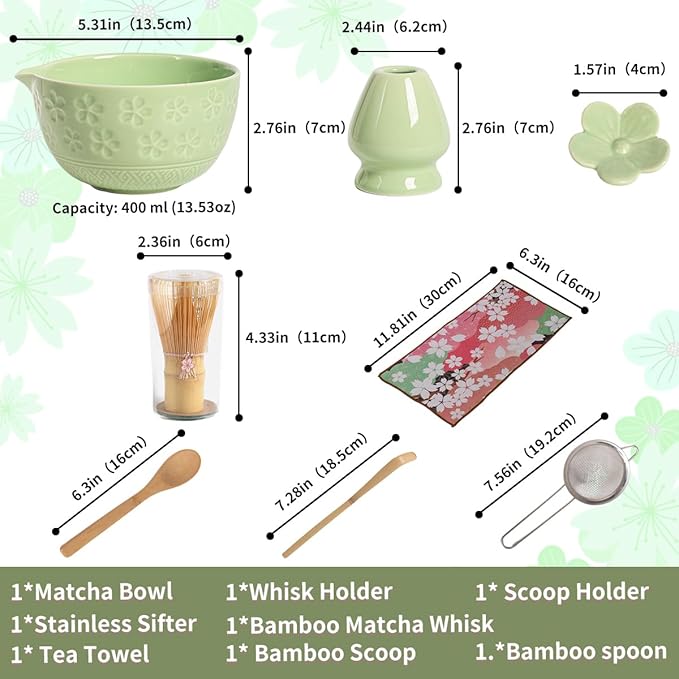 8-Piece Matcha Ceremony Set - Tea Kit with Cherry Blossom Bowl, Bamboo Whisk, Wood Scoops, Tea Cloth & Floral Display - Gift-Ready Pink Cherry color box (green)