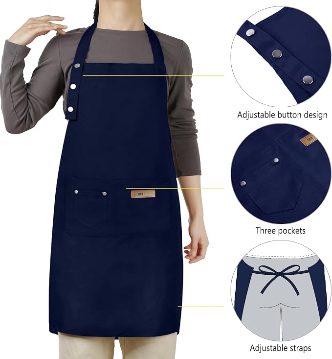 Hongsome Adjustable Button Apron for Women Men Artist Painting Pottery Garden Cooking Kitchen Chef 3 Pockets Waterproof M-XXL - Image 4