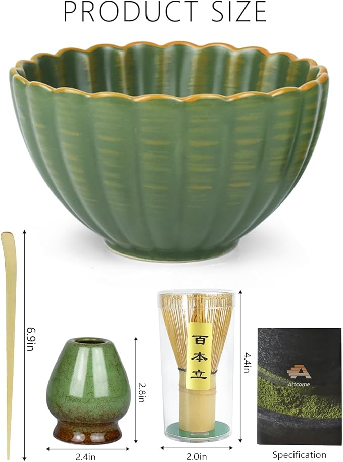 Artcome Matcha Tea Set - 17oz Petal-Shaped Matcha Bowl, Bamboo Whisk, Scoop, Whisk Holder & Brewing Guide, Japanese Tea Ceremony Tools for a Perfect Matcha Experience, Matte Green